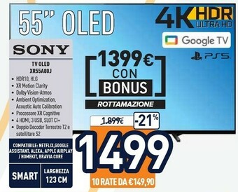 Unieuro Sony XR55A80J TV 139,7 Cm (55") 4K Ultra HD Smart TV Wi-Fi Nero offerta