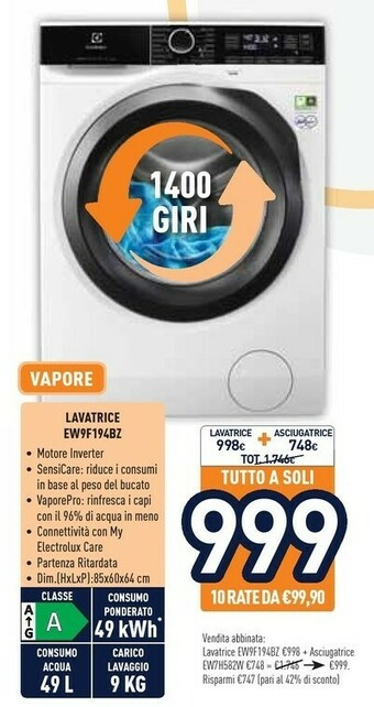 Unieuro Electrolux Lavatrice EW9F194BZ offerta