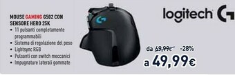 Unieuro Logitech G502 Mouse RF Wireless Ottico 16000 DPI Mano Destra offerta