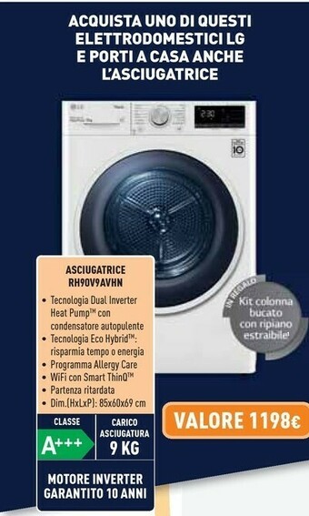 Unieuro LG RH90V9AVHN Asciugatrice Libera Installazione Caricamento Frontale 9 Kg A+++ Bianco offerta