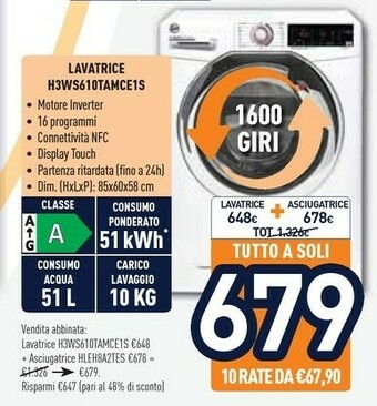 Unieuro Hoover H-WASH 300 PLUS H3WS610TAMCE/1-S Lavatrice Libera Installazione Caricamento Frontale 10 Kg 1600 Giri/min A Bianco offerta