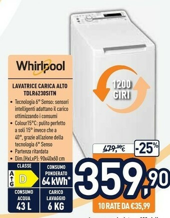 Unieuro Whirlpool TDLR 6230S IT/N Lavatrice Libera Installazione Caricamento Dall'alto 6 Kg 1200 Giri/min D Bianco offerta