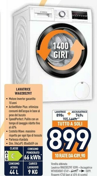 Unieuro Bosch Serie 6 WAU28S29IT Lavatrice Libera Installazione Caricamento Frontale Bianco 9 Kg 1400 Giri/min A+++ offerta