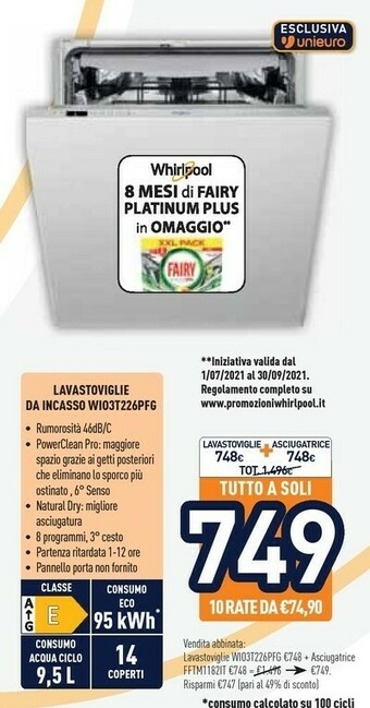 Unieuro Whirlpool WIO 3T226 PFG Lavastoviglie A Scomparsa Totale 14 Coperti E offerta
