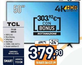 Unieuro TCL 50P610 TV 127 Cm (50") 4K Ultra HD Smart TV Wi-Fi Nero offerta