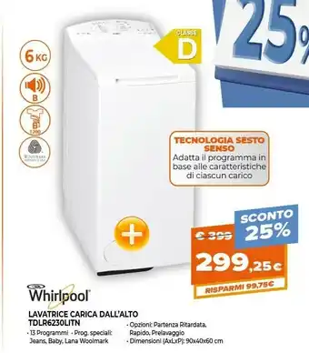 Expert Whirlpool TDLR 6230L IT/N Lavatrice Libera Installazione Caricamento Dall'alto 6 Kg 1200 Giri/min D Bianco offerta