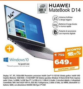 Expert Huawei MateBook D14 DDR4-SDRAM Computer Portatile 35,6 Cm (14") 1920 X 1080 Pixel Intel® Core™ I5 Di Decima Generazione 16 GB offerta