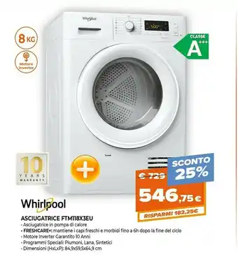 Expert Whirlpool FT M11 8X3 EU Libera Installazione Caricamento Frontale Bianco 8 Kg A+++ offerta