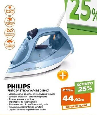 Expert Philips 6000 Series DST6001/28 Ferro Da Stiro Ferro A Vapore Ceramica 2400 W Blu offerta