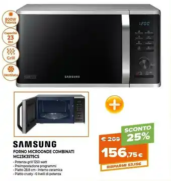 Samsung MG23K3575CS Piano Di Lavoro Microonde Con Grill 23L 800W Argento Forno A Microonde