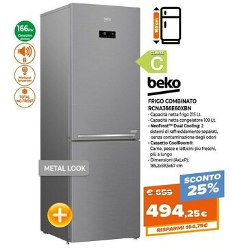 Expert Beko RCNA366E60XBN Frigorifero Con Congelatore Libera Installazione 324 L C Metallico offerta