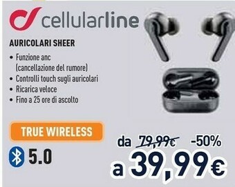 Unieuro Cellularline Sheer Auricolari Bluetooth® Stereo, Con Custodia Di Ricarica E Funzione ANC Nero offerta