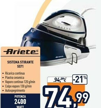 Unieuro Ariete Steam Power Easy 5571 2400 W 1,8 L Ceramica Blu, Bianco offerta
