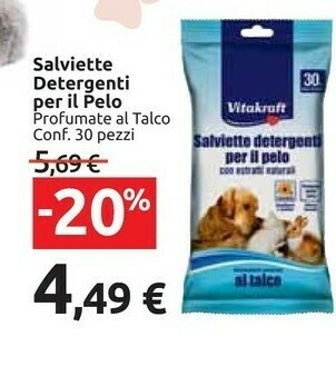 Carrefour Market Vitakraft Salviette Detergenti Pelo Per Animali Domestici Talco 30 Pezzi offerta