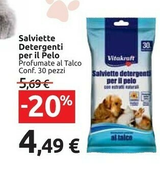 Carrefour Market Vitakraft Salviette Detergenti Pelo Per Animali Domestici Talco 30 Pezzi offerta