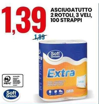 Eurospin Asciugatutto 2 Rotoli, 3 Veli, 100 strappi offerta