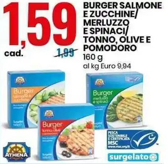 Eurospin Athena Burger Salmone e Zucchine/Merluzzo e Spinaci/Tonno, Olive e Pomodoro 160g offerta