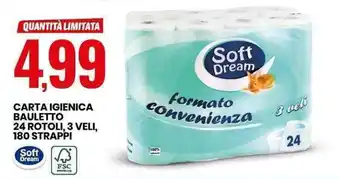 Eurospin Soft Dream Carta Igienica Bauletto 24 rotoli, 3 veli, 180 strappi offerta