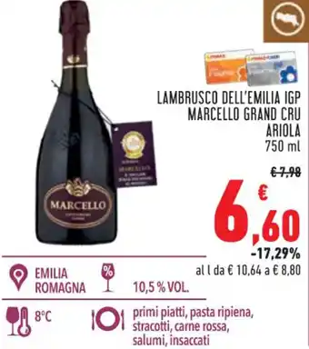 Conad LAMBRUSCO DELL'EMILIA IGP MARCELLO GRAND CRU ARIOLA 750 ml offerta