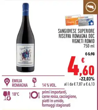 Conad SANGIOVESE SUPERIORE RISERVA ROMAGNA DOC VIGNETI ROMIO 750 ml offerta