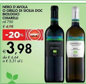 Bennet Chiarelli Nero D'Avola O Grillo Di Sicilia DOC Biologici offerta
