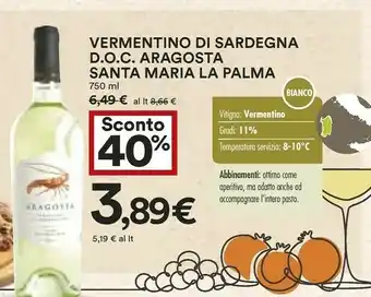 Coop Santa Maria la Palma - Vermentino di Sardegna Aragosta 750 g(ml) offerta
