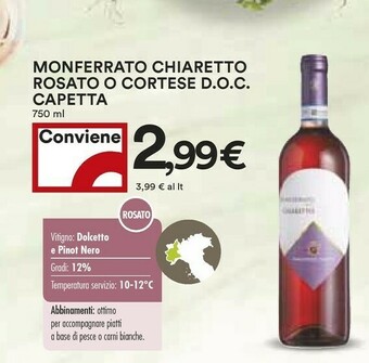 Coop Capetta Monferrato Chiaretto Rosato O Cortese Doc offerta