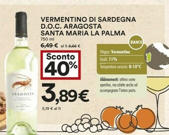 Coop Santa Maria la Palma - Vermentino di Sardegna Aragosta 750 g(ml) offerta
