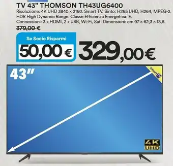 Coop Thomson 43UG6400 TV 109,2 Cm (43") 4K Ultra HD Smart TV Wi-Fi Nero offerta