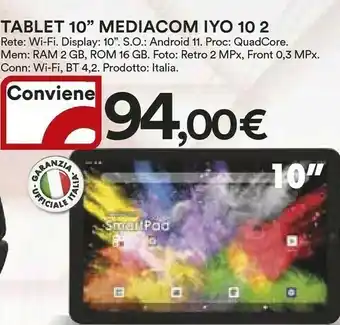 Coop Mediacom SmartPad Iyo 10 16 GB 25,6 Cm (10.1") ARM 2 GB Wi-Fi 4 (802.11n) Android 11 Nero offerta