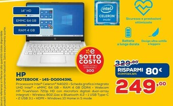 Euronics HP 14s-dq0043nl Computer Portatile 35,6 Cm (14") HD Intel® Celeron® 4 GB DDR4-SDRAM 64 GB EMMC Wi-Fi 5 (802.11ac) Windows 10  offerta