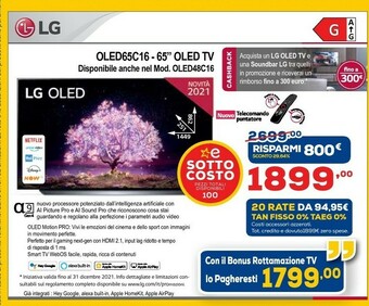 Euronics LG OLED65C16LA TV 165,1 Cm (65") 4K Ultra HD Smart TV Wi-Fi Bianco offerta
