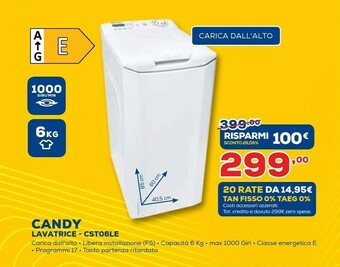 Euronics Candy CST 06LE/1-S Lavatrice Caricamento Dall'alto 6 Kg 1000 Giri/min E Bianco offerta