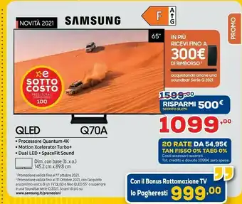 Euronics Samsung Q70A (2021) 165,1 Cm (65") 4K Ultra HD Smart TV Wi-Fi Nero offerta