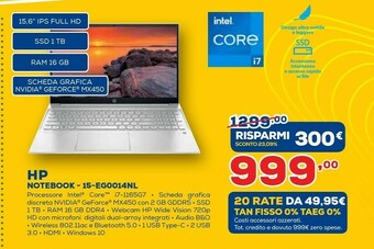 Euronics HP Pavilion 15-eg0014nl Computer Portatile 39,6 Cm (15.6") Full HD Intel® Core™ I7 Di Undicesima Generazione 16 GB DDR4-SDRAM offerta