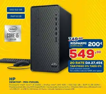 Euronics HP M01-F1011nl DDR4-SDRAM I5-10400 Mini Tower Intel® Core™ I5 Di Decima Generazione 8 GB 512 GB SSD Windows 10 Home PC Nero offerta