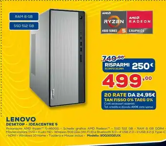 Euronics Lenovo IdeaCentre 5 DDR4-SDRAM 4600G Tower AMD Ryzen 5 8 GB 512 GB SSD PC Grigio offerta