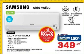 Euronics Samsung Malibu (AR30) Malibu (AR30) AR12TXHQBWKNEU + AR12TXHQBWKXEU Malibu Condizionatore MONO Split System Bianco 12000 Btu offerta