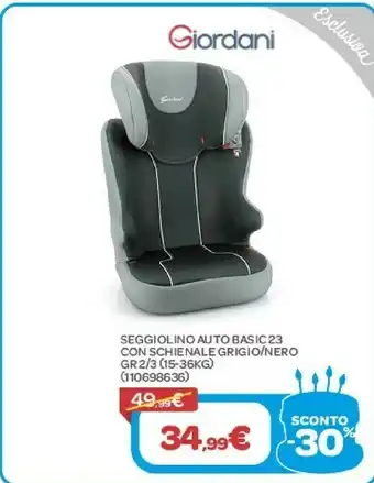 Bimbo Store Giordani Seggiolino Auto Basic 23 Con Schienale Grigio/ Nero Gr2/3 (15-36kg) offerta