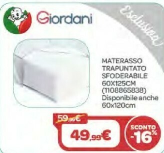 Bimbo Store Giordani Materasso Trapuntato Sfoderabile 60x125cm offerta