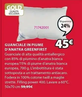 JYSK Guanciale In Piume D'anatra Greenfirst offerta