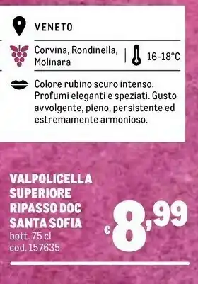 Metro Santa Sofia Valpolicella Superiore Ripasso Doc 750ml offerta