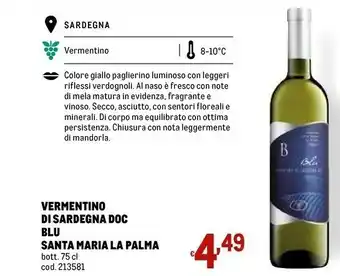 Metro Cantina Santa Maria La Palma - Vermentino Di Sardegna 750 G(ml) offerta