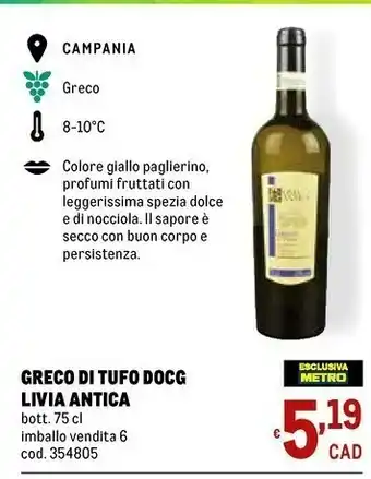 Metro Livia Antica Greco Di Tufo Docg offerta