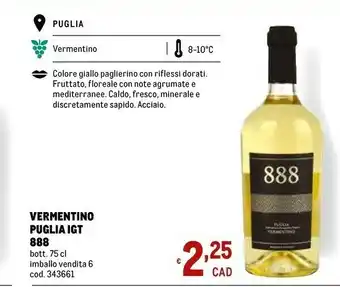 Metro Vermentino Puglia Igt 888 offerta