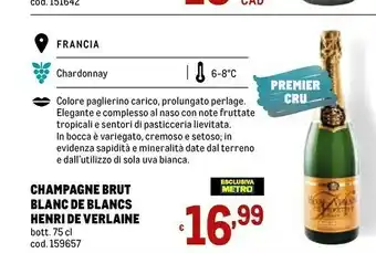Metro Henri De Verlaine Champagne Brut Blanc De Blancs offerta