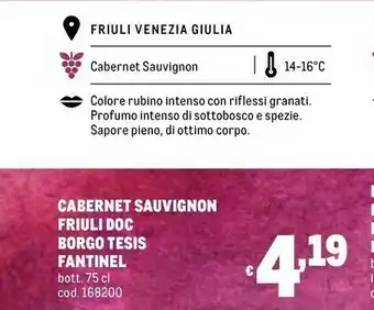Metro Fantinel Cabernet Sauvignon Friuli Doc Borgo Tesis offerta