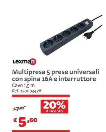 Bricocenter Lexman Multipresa 5 Prese Universali Con Spina 16a E Interruttore offerta