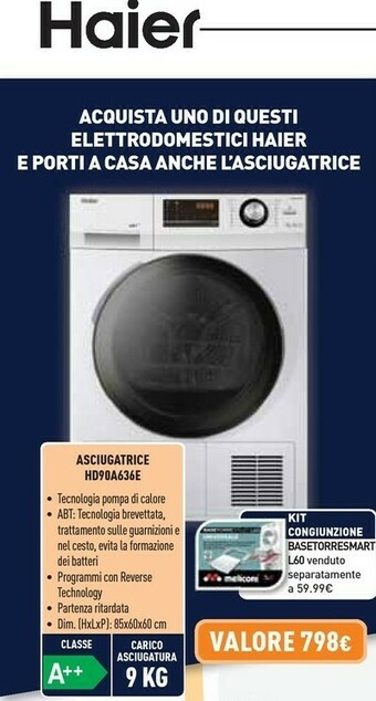 Unieuro Haier HD90-A636-E Asciugatrice Libera Installazione Caricamento Frontale Bianco 9 Kg A++ offerta