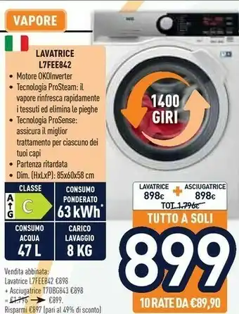 Unieuro AEG L7FEE842 Lavatrice Libera Installazione Caricamento Frontale Bianco 8 Kg 1400 Giri/min A+++ offerta
